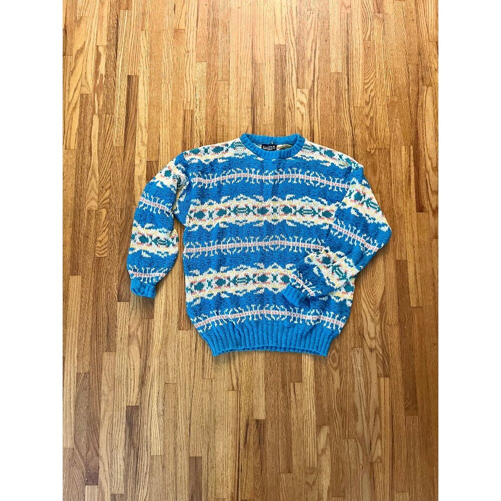 1980s men's Lands End coogi style sweater, teal, coral, green, yellow, Large